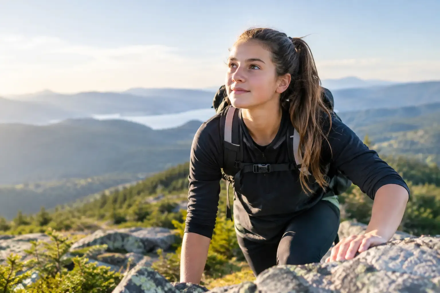 Adult woman climbing outdoors with a mountain landscape behind her